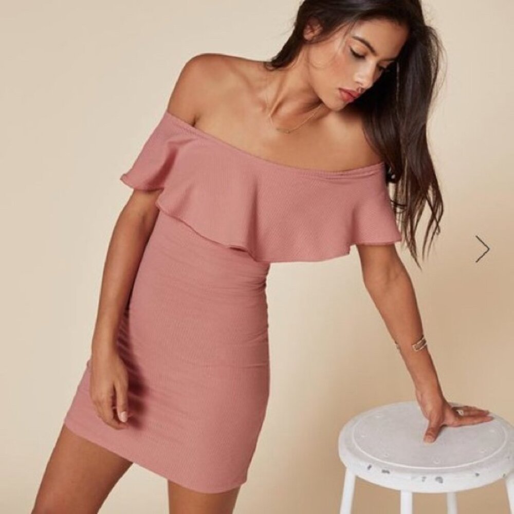 REFORMATION Off-The-Shoulder Mini Dress in Pink